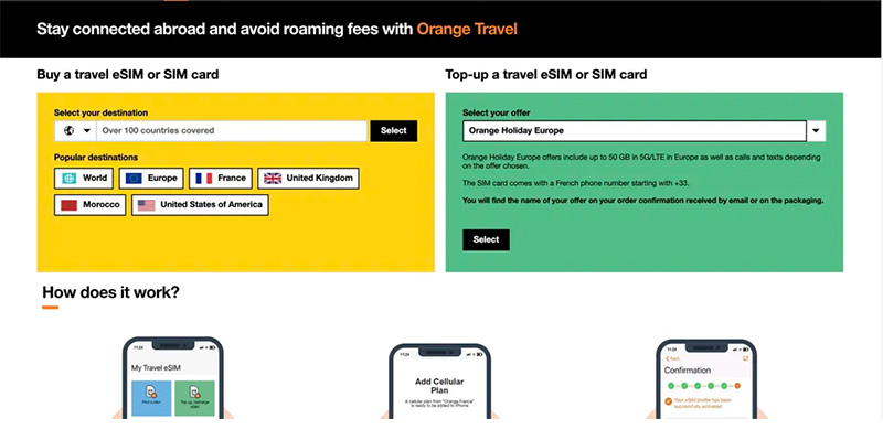 موقع الإلكتروني لشركة Orange eSIM الفرنسية