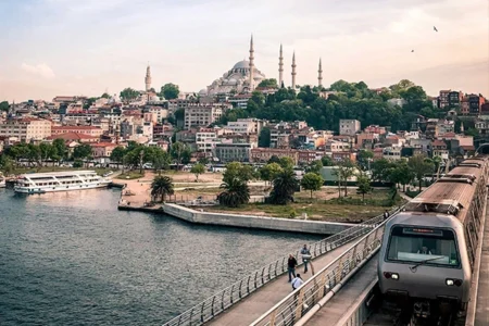 View of the Hagia Sophia Mosque and Istanbul's urban transportation system