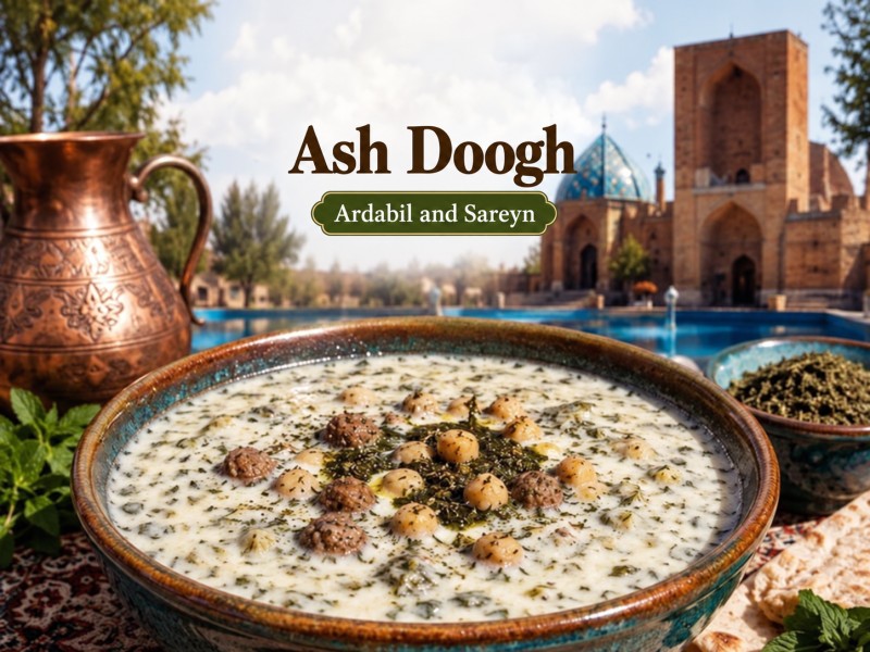 A refreshing bowl of Ash Doogh, a tangy yogurt-based soup from northwestern Iran, filled with fresh herbs, chickpeas, and traditional regional flavors.