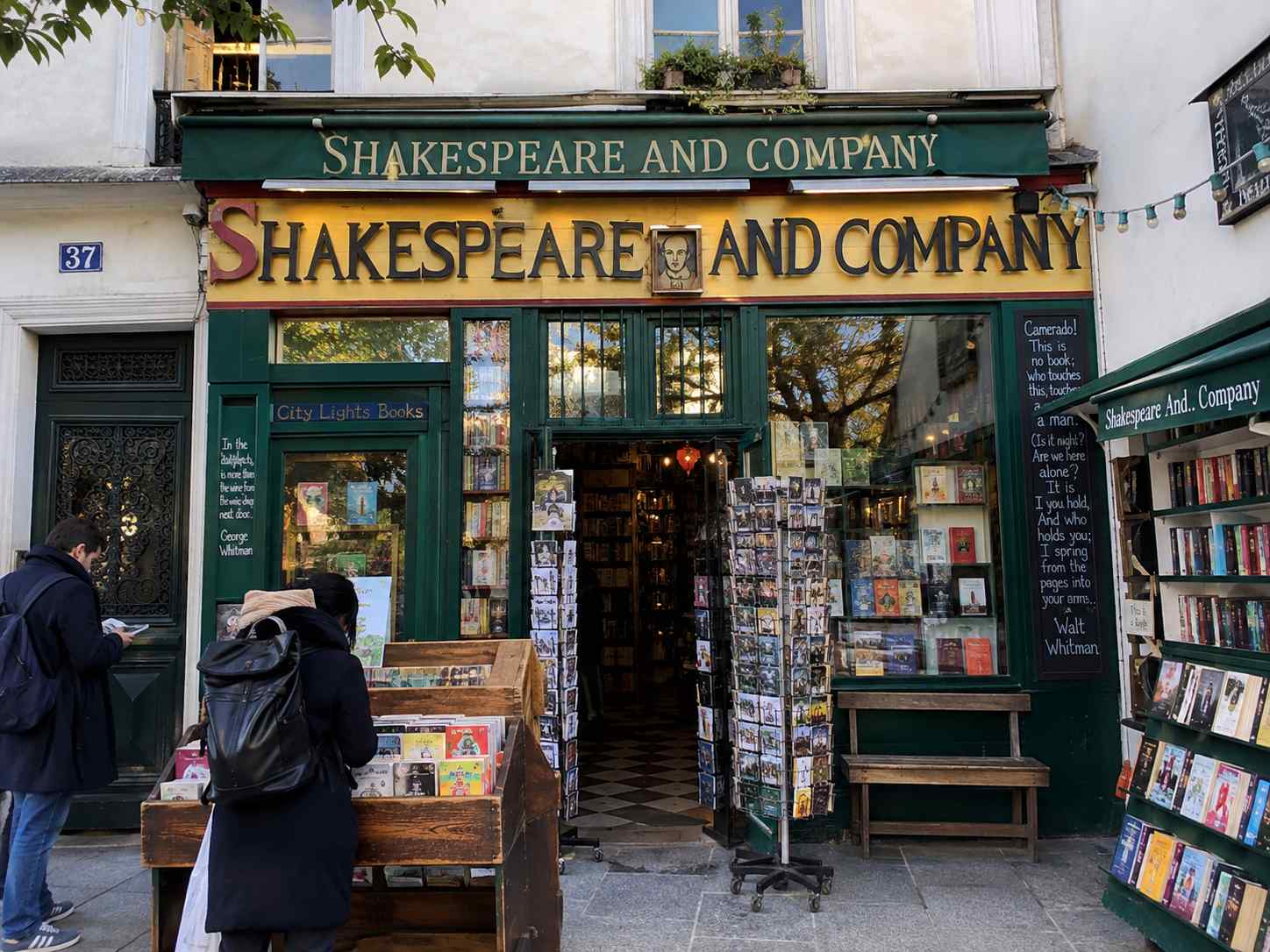 View of Shakespeare and Company in Paris, the famous English-language bookstore near Notre-Dame Cathedral.